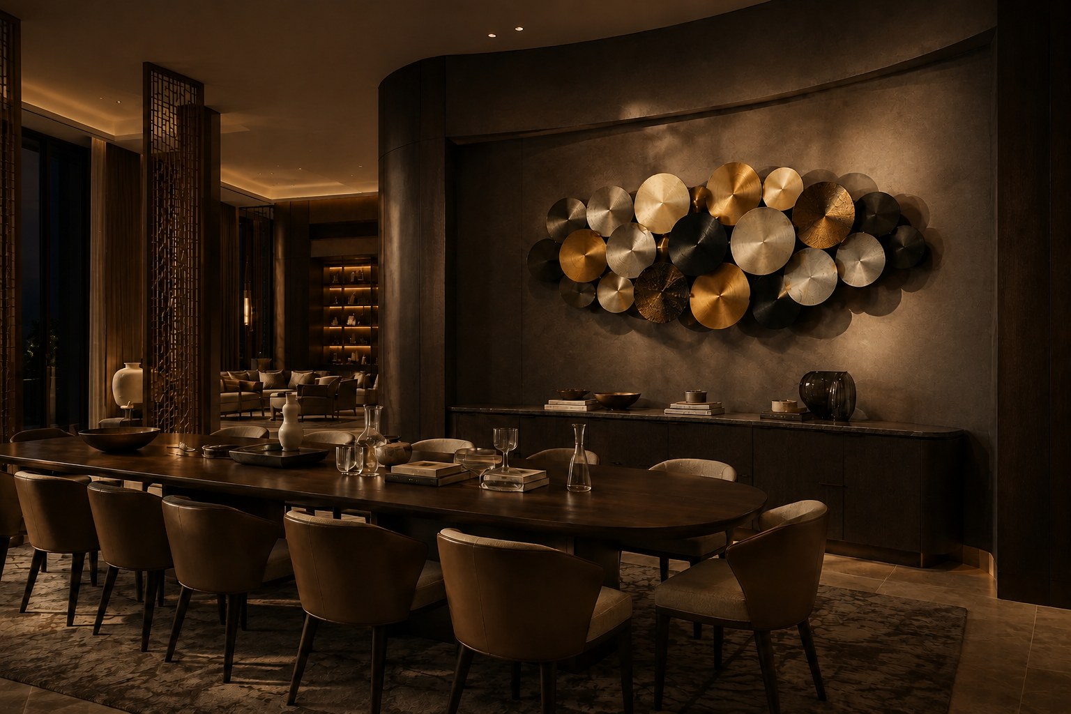 Cluster of overlapping spun discs in black, brass and pewter finishes on a plaster wall.