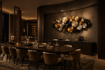 Cluster of overlapping spun discs in black, brass and pewter finishes on a plaster wall.