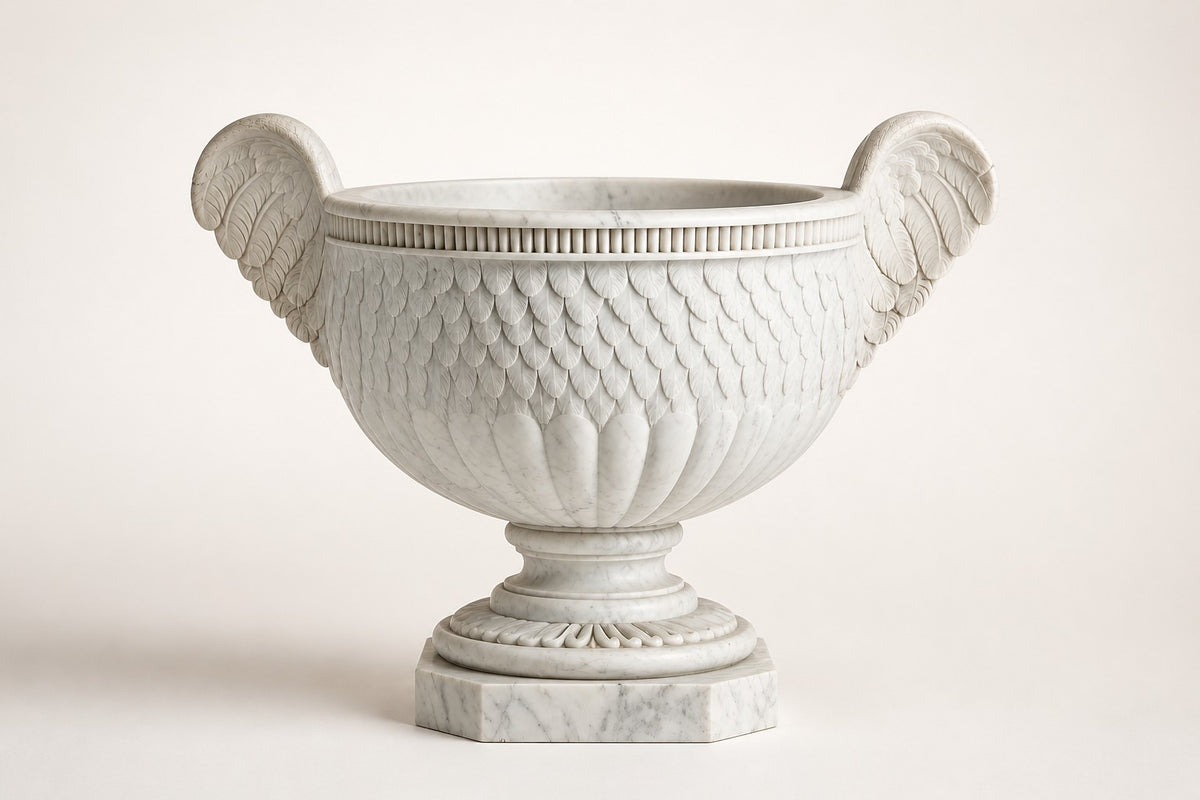 Aquila Wing Marble Urn Planter — 105 cm white Carrara marble urn planter with feather-carved bowl and two carved wing handles, studio view of the whole piece