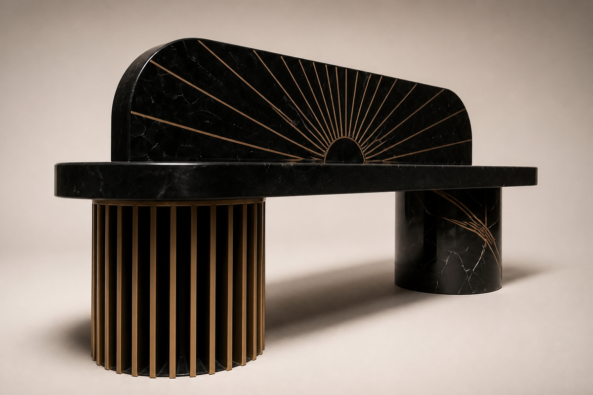 Aram 180 marble sculptural bench, three-quarter studio view showing its profile