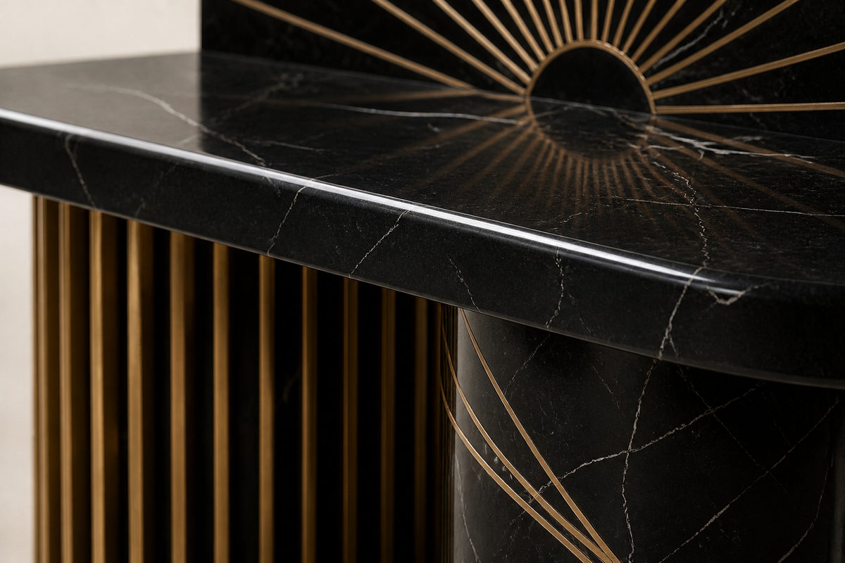 Aram 180 marble sculptural bench, close studio detail of the surface and material