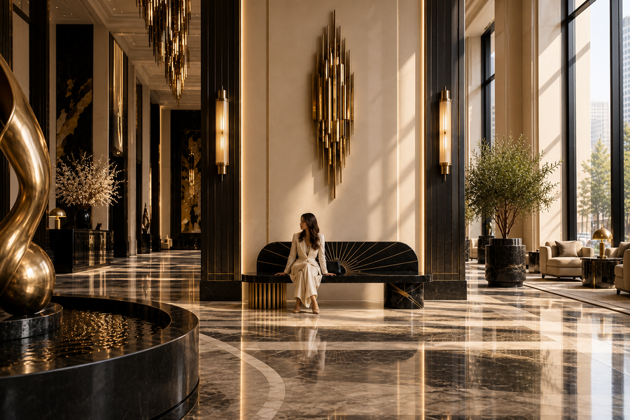 Aram 180 marble sculptural bench, shown in a room setting, at full scale