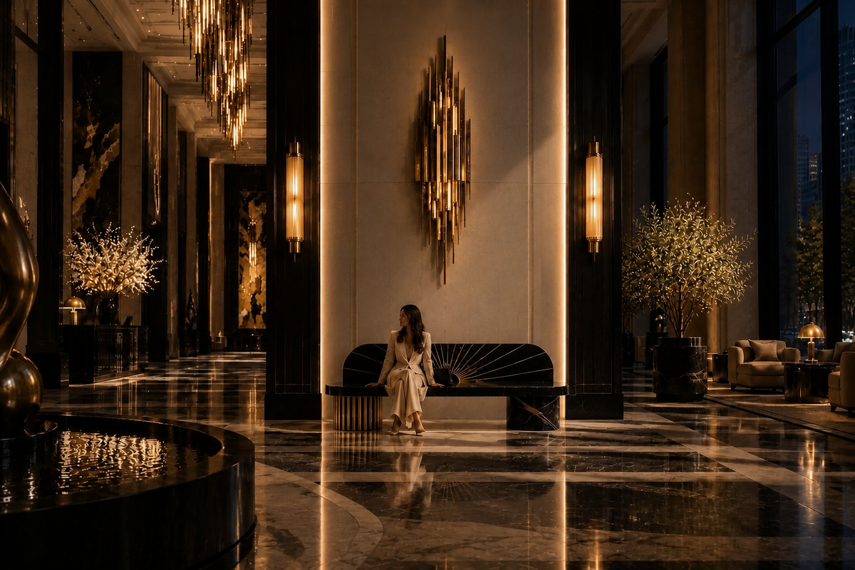 Aram 180 marble sculptural bench, in a room setting under evening light