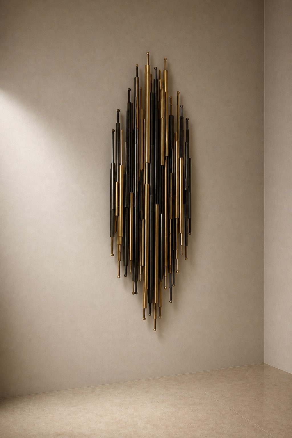 Arboleda — 90 × 160 cm vertical cluster of brass and blackened rods, three-quarter studio view showing its profile