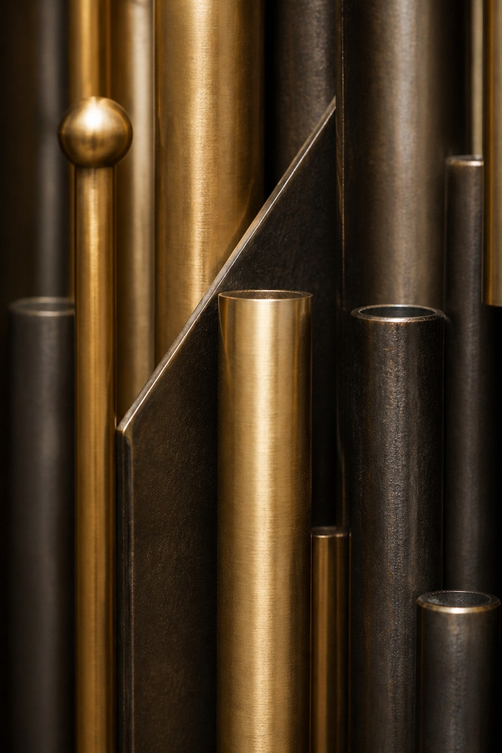 Arboleda — 90 × 160 cm vertical cluster of brass and blackened rods, close studio detail of the surface and material