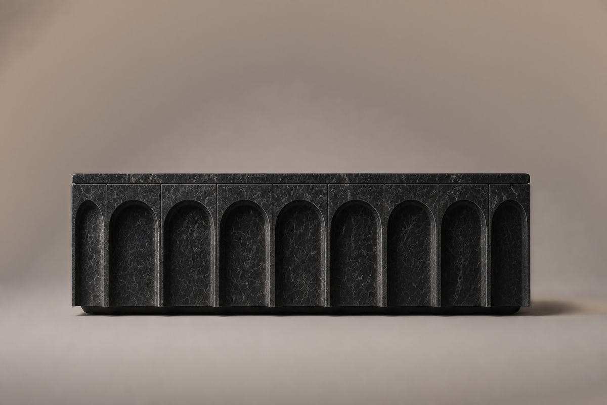 Arcade Base Low black marble plinth base by 1-OPH, side elevation