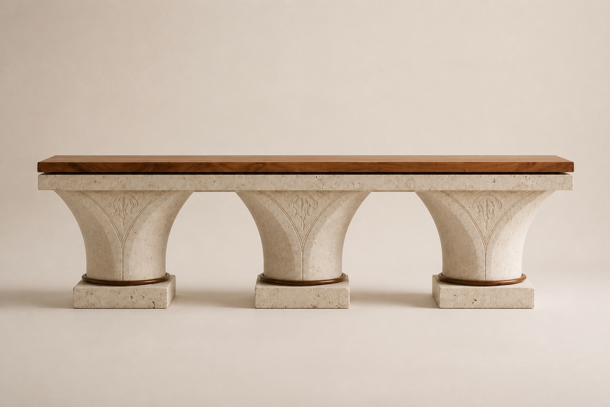 Arcadia Stone & Walnut Bench, studio view of the whole piece