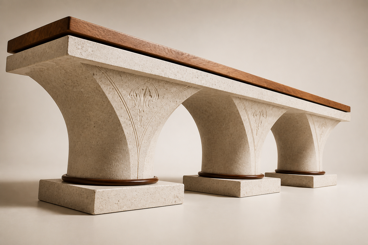 Arcadia Stone & Walnut Bench, three-quarter studio view showing its profile