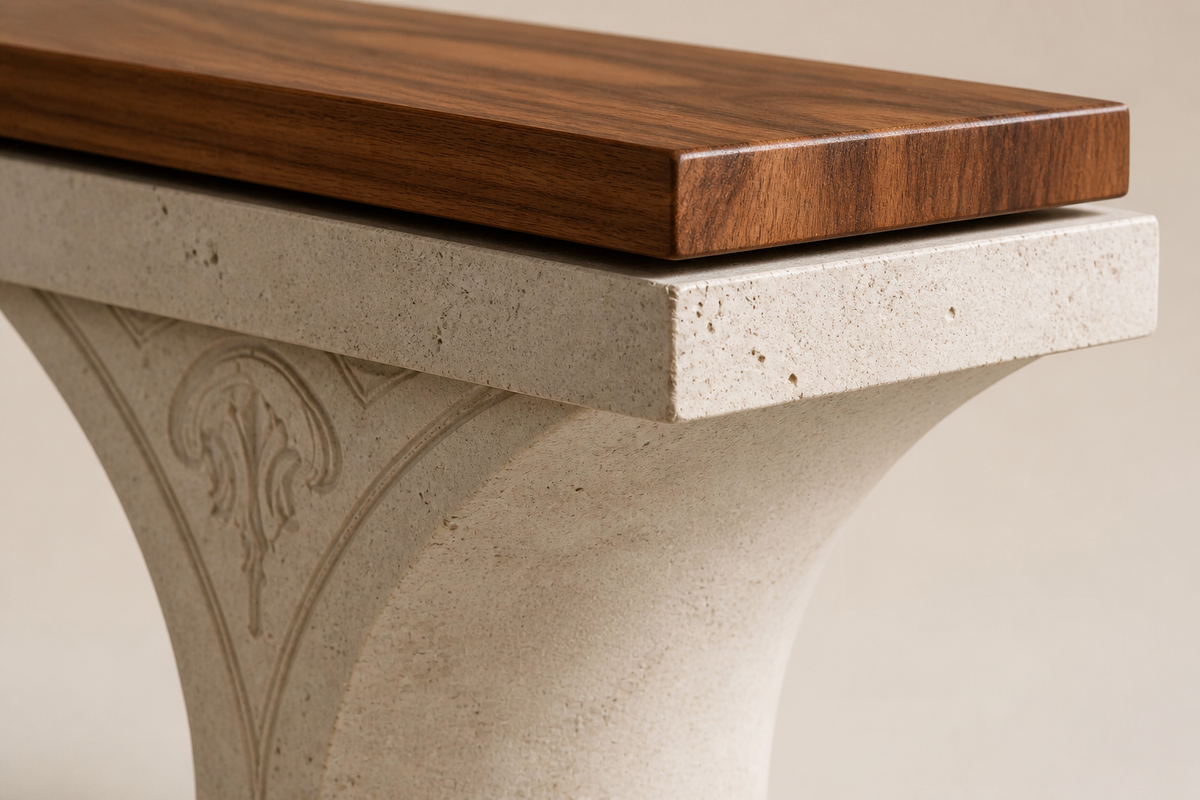Arcadia Stone & Walnut Bench, close studio detail of the surface and material