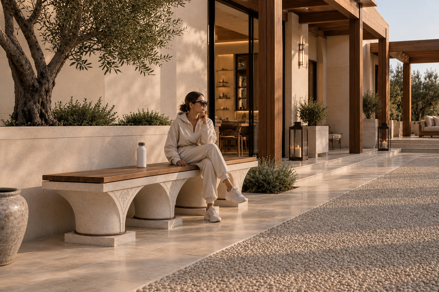 Arcadia Stone & Walnut Bench, shown in a room setting, at full scale