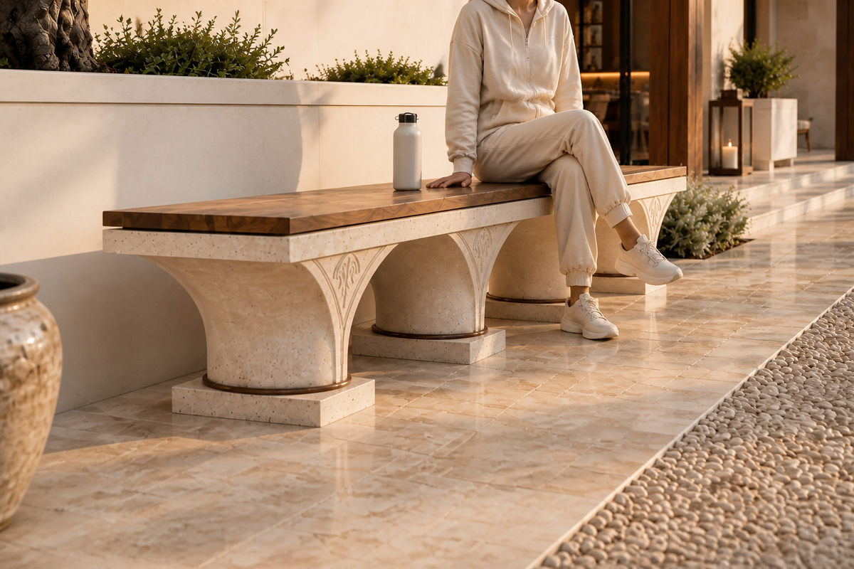 Arcadia Stone & Walnut Bench, close view of the form in its setting