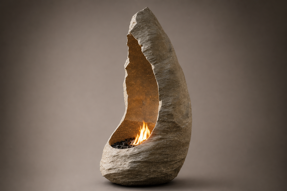 Ardora limestone fireplace, close studio detail of the surface and material