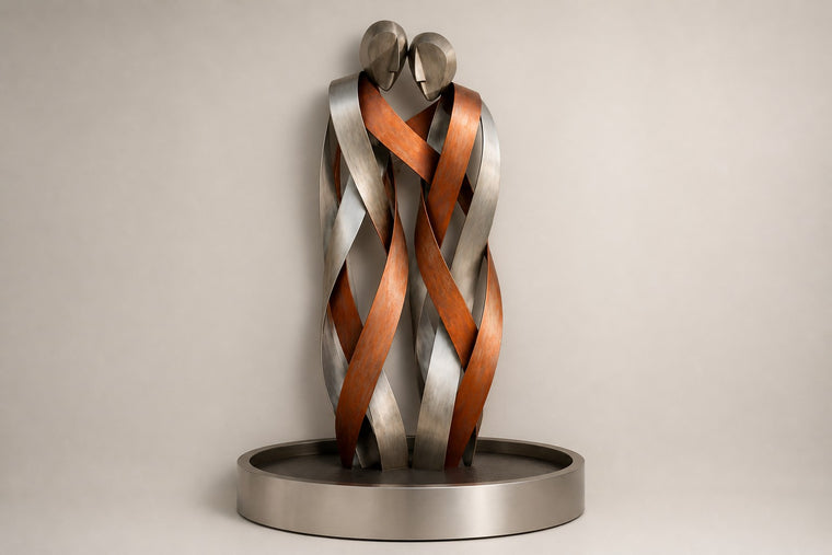 Aria — copper and stainless figures wall fountain, studio front view