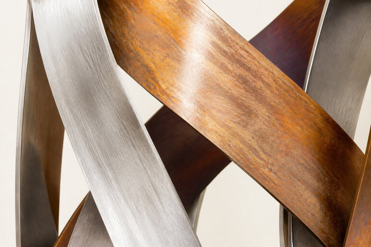 Aria — copper and stainless figures wall fountain, close detail of the surface and edge