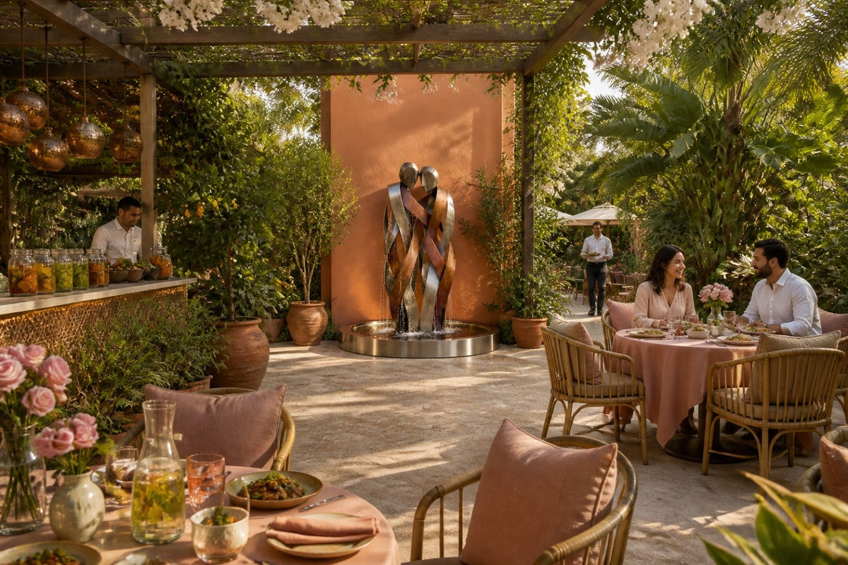 Aria — copper and stainless figures wall fountain, installed on the wall in a furnished setting