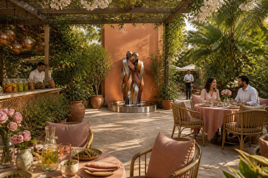 Aria — copper and stainless figures wall fountain, installed on the wall in a furnished setting