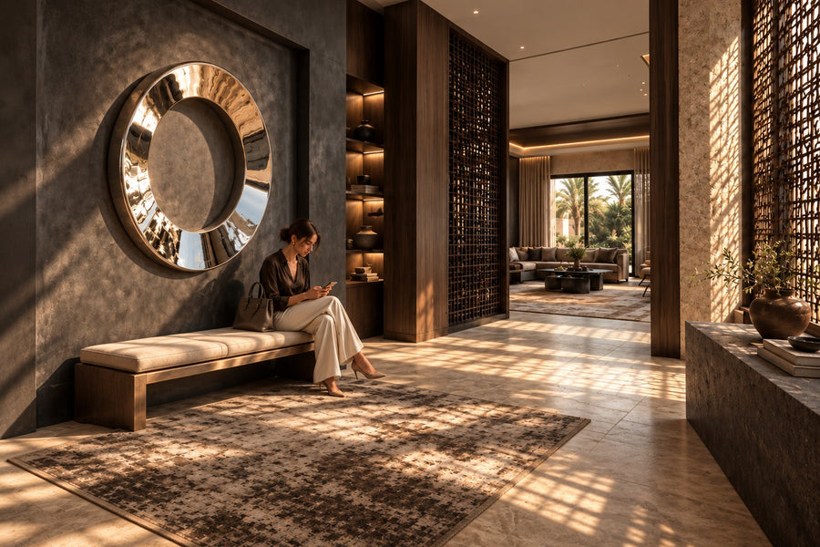 Aro — Ø 160 cm mirror-polished stainless steel ring wall sculpture, installed on the wall of a furnished room