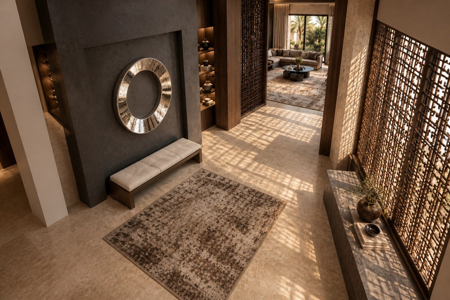 Aro — Ø 160 cm mirror-polished stainless steel ring wall sculpture, seen from above in the room