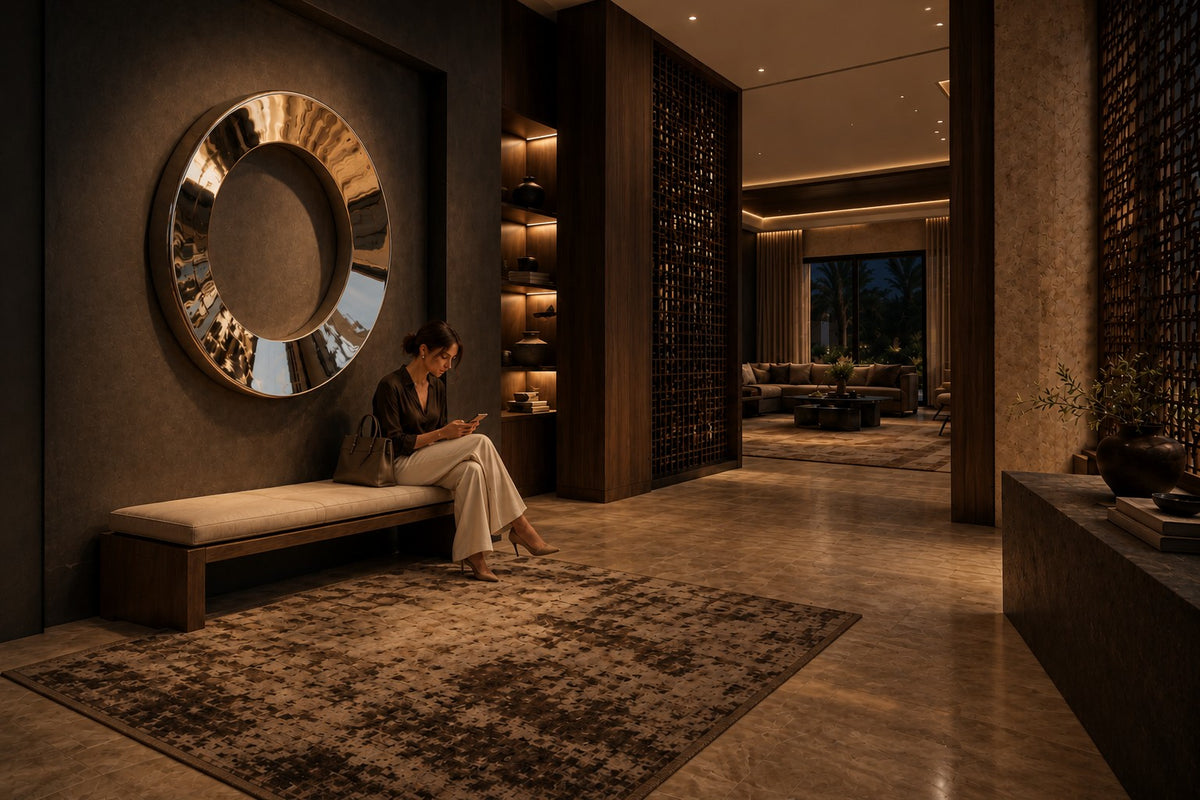 Aro — Ø 160 cm mirror-polished stainless steel ring wall sculpture, the same room at night, lamps on
