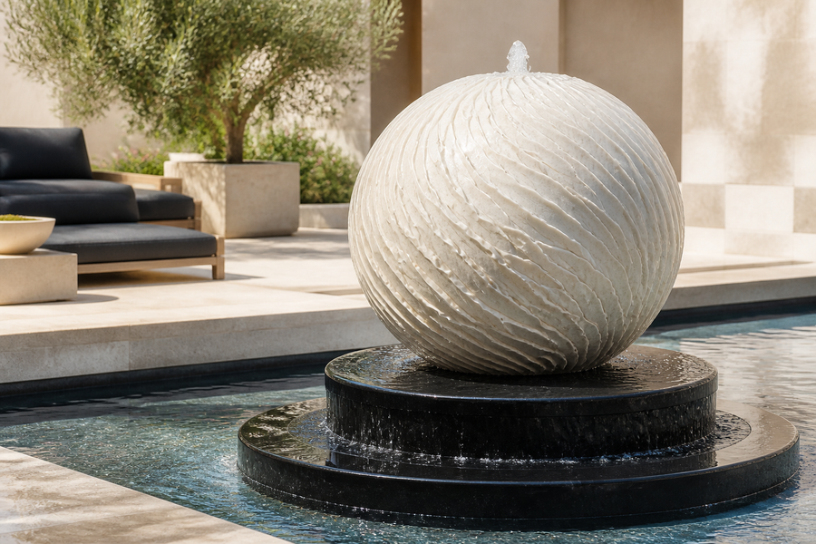 Aspidis stone sphere fountain, installed against a stone wall in a daylit room