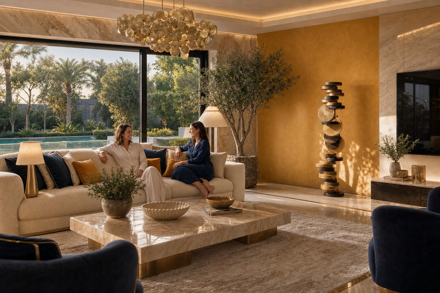 Atalaya — tower of stacked brass and bronze discs with two upright gold suns, installed on the wall of a furnished room