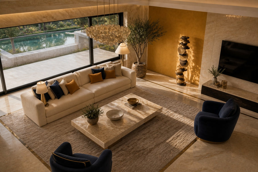 Atalaya — tower of stacked brass and bronze discs with two upright gold suns, seen from above in the room