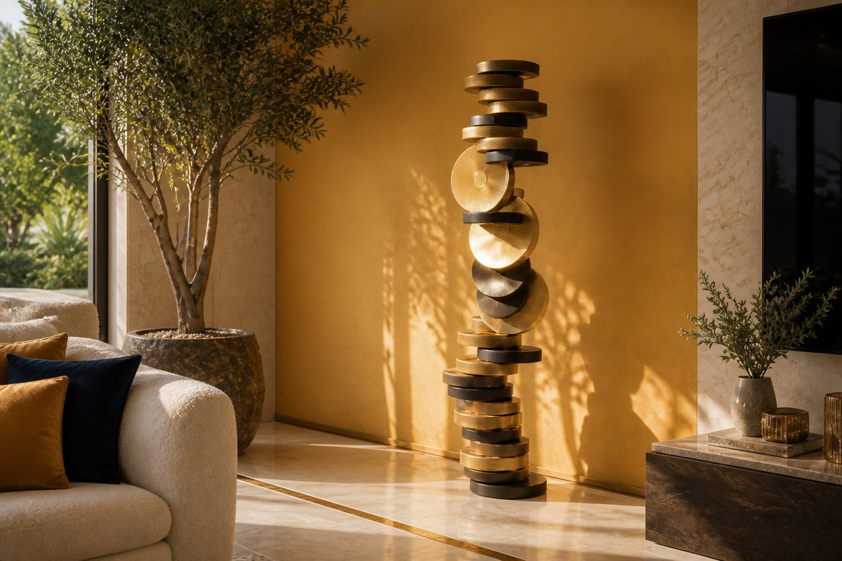 Atalaya — tower of stacked brass and bronze discs with two upright gold suns, close view on the wall