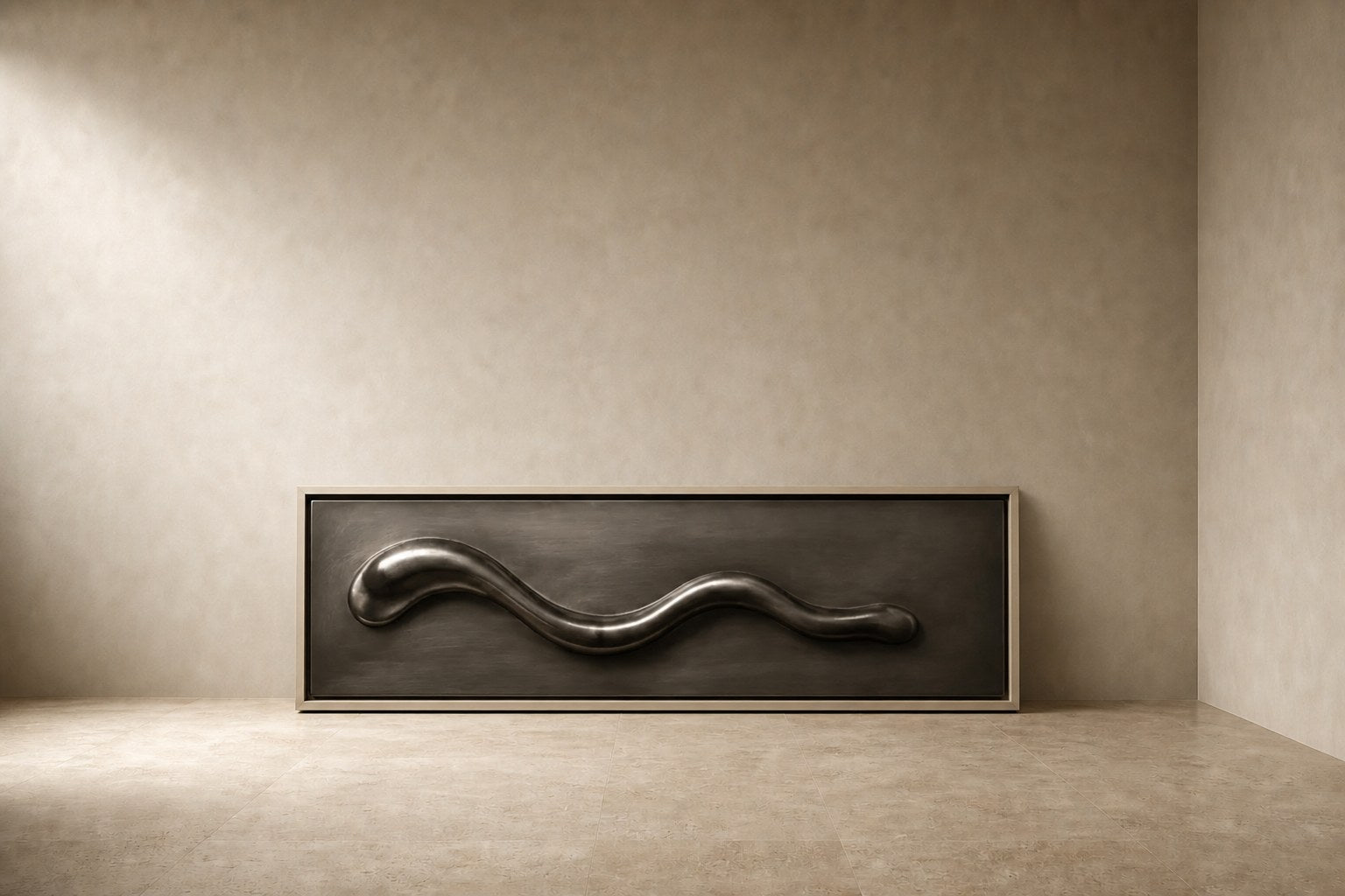 Polished pewter waveform in relief on a dark graphite panel with a pale frame.