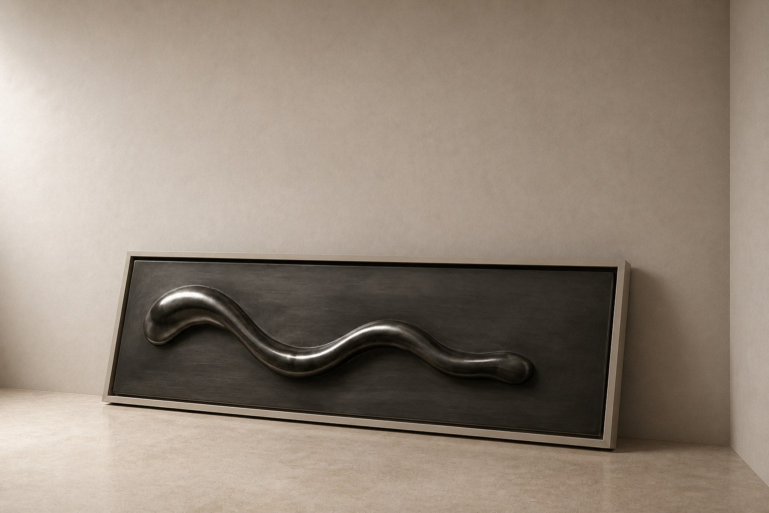Polished pewter waveform in relief on a dark graphite panel with a pale frame.