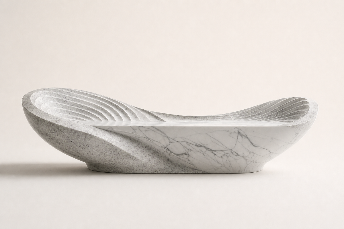 Aurelia Wave Marble Bench, studio view of the whole piece
