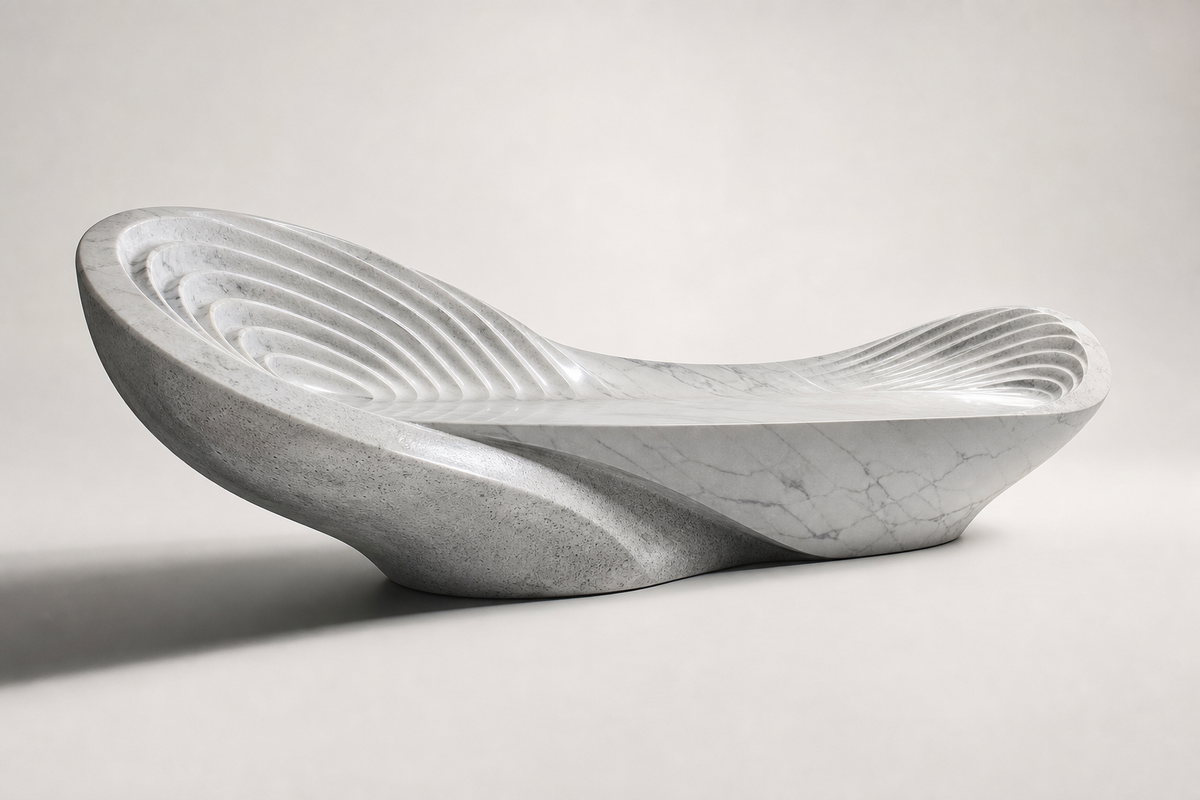 Aurelia Wave Marble Bench, three-quarter studio view showing its profile
