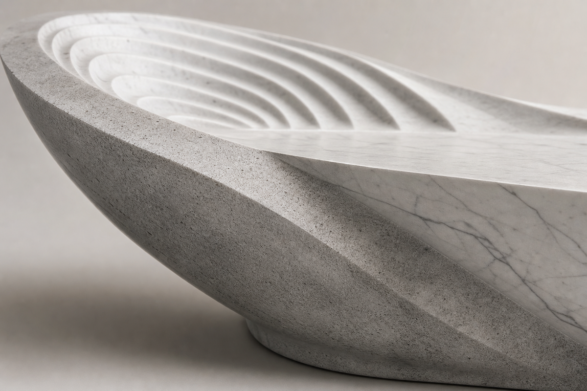 Aurelia Wave Marble Bench, close studio detail of the surface and material