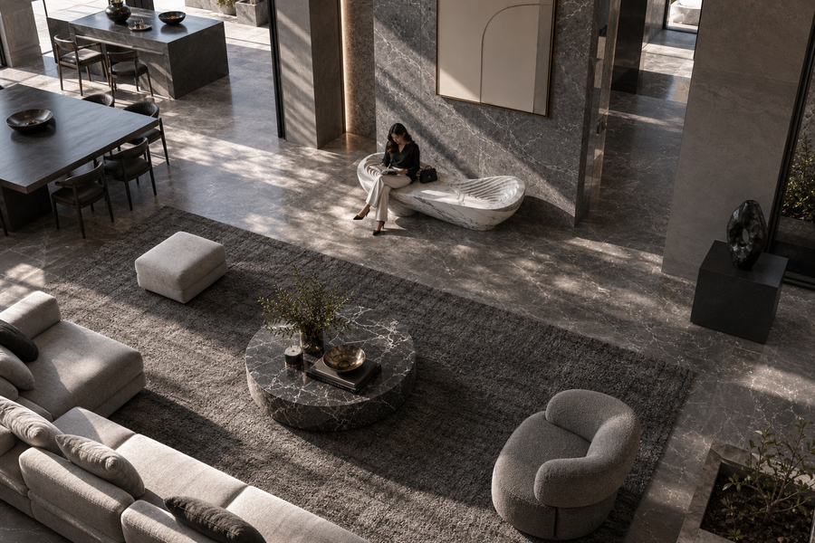 Aurelia Wave Marble Bench, overhead view in a room setting