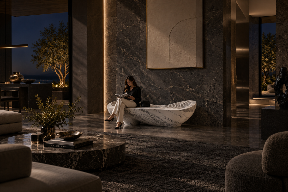 Aurelia Wave Marble Bench, in a room setting under evening light