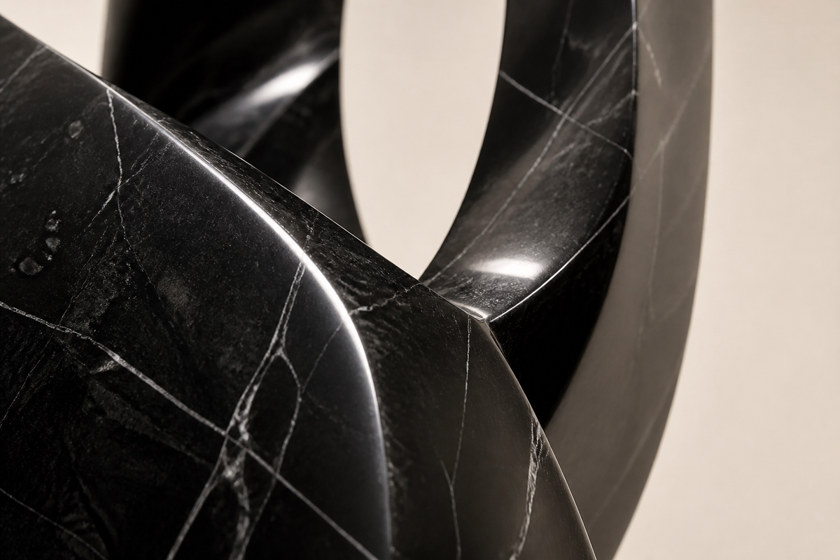 AXIS NOIR marble sculpture, close studio detail of the surface and material