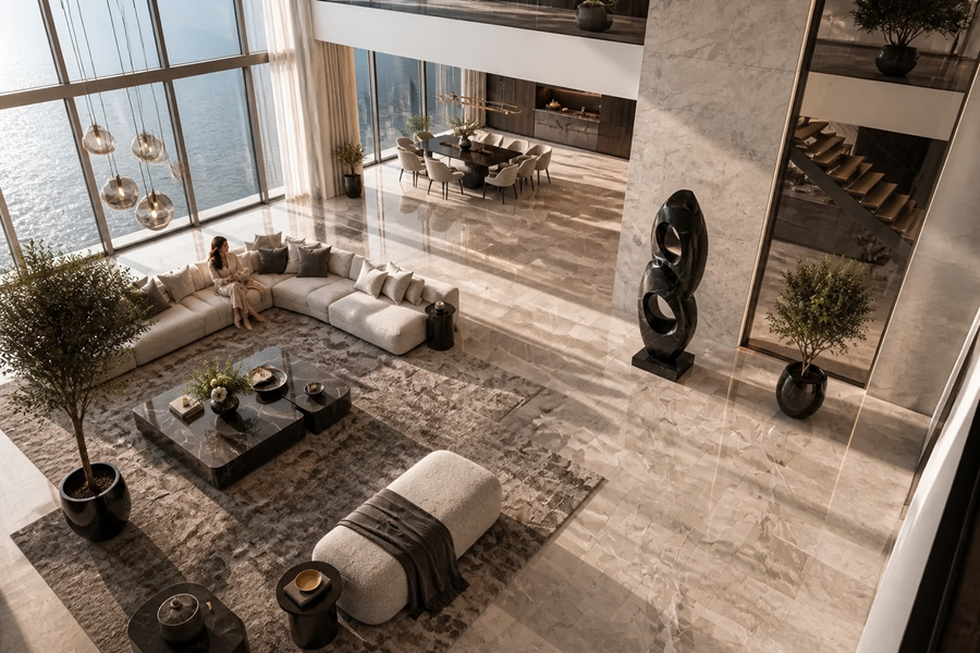 AXIS NOIR marble sculpture, overhead view in a room setting
