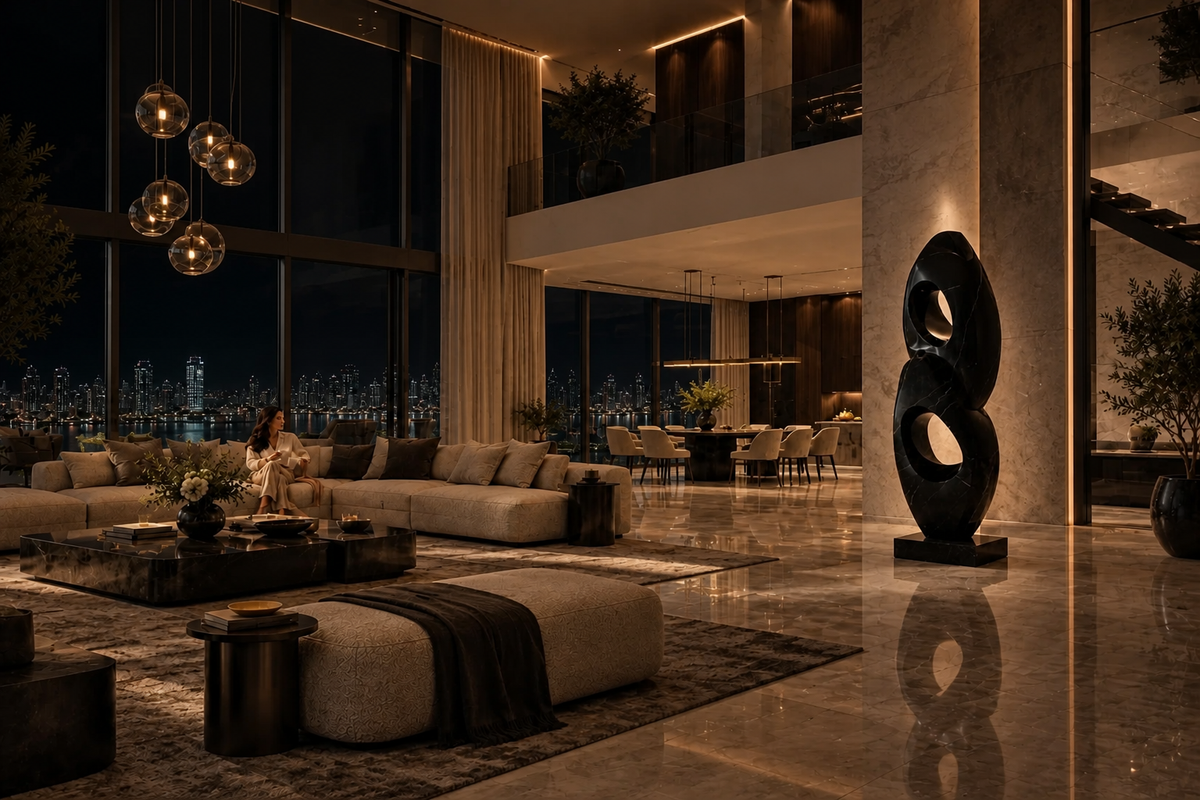 AXIS NOIR marble sculpture, in a room setting under evening light