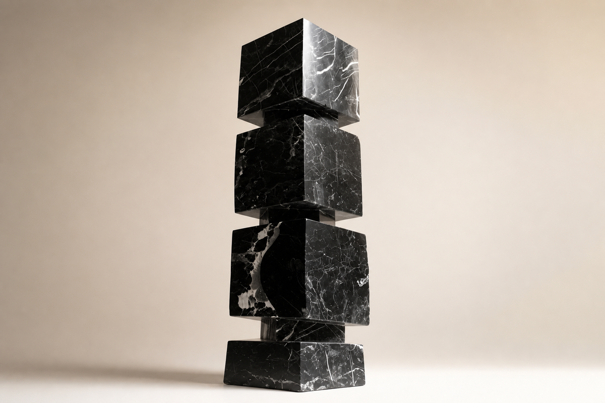 AXIS / STACK I marble sculpture, three-quarter studio view showing its profile