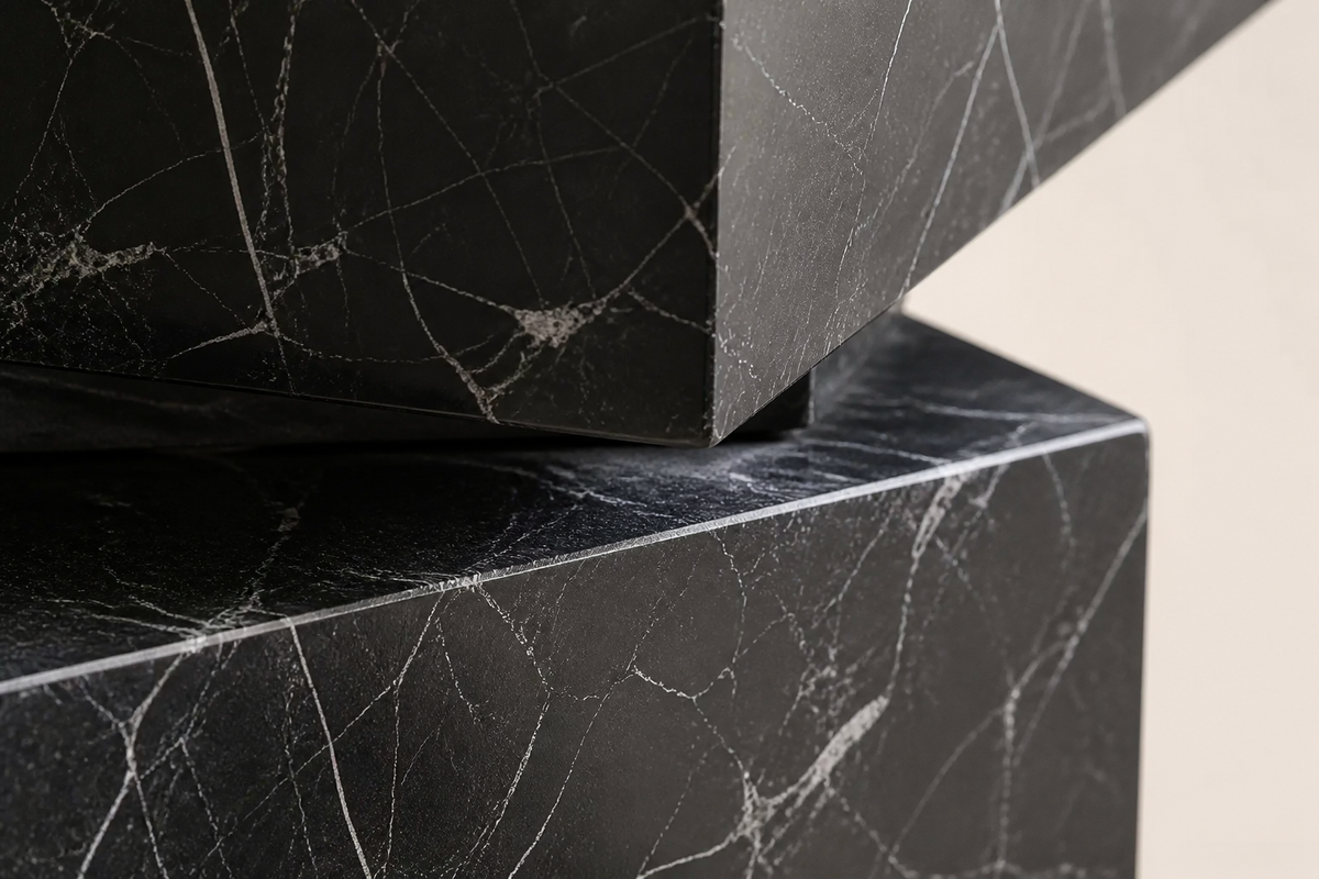 AXIS / STACK I marble sculpture, close studio detail of the surface and material