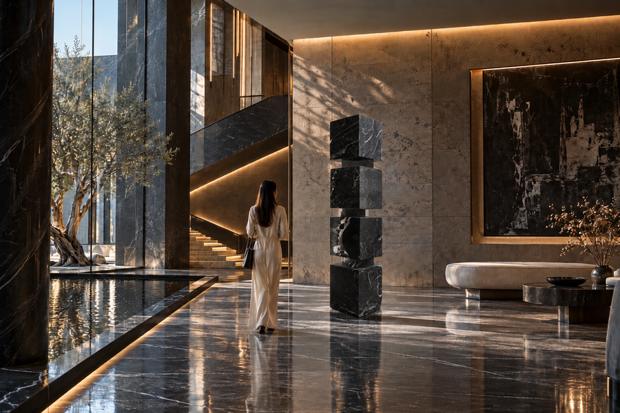 AXIS / STACK I marble sculpture, shown in a room setting, at full scale