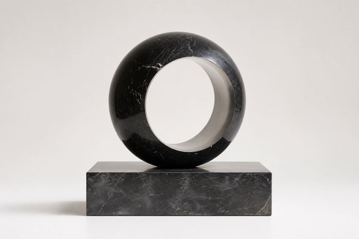 AXIS / VOID I stainless steel sculpture, studio view of the whole piece