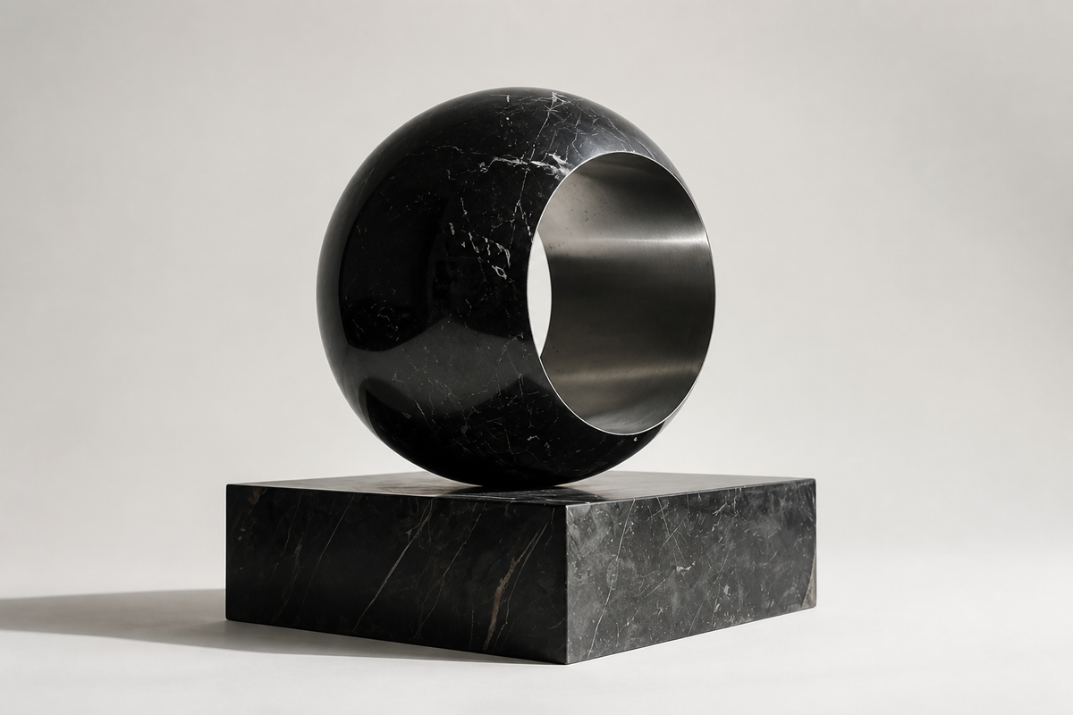 AXIS / VOID I stainless steel sculpture, three-quarter studio view showing its profile