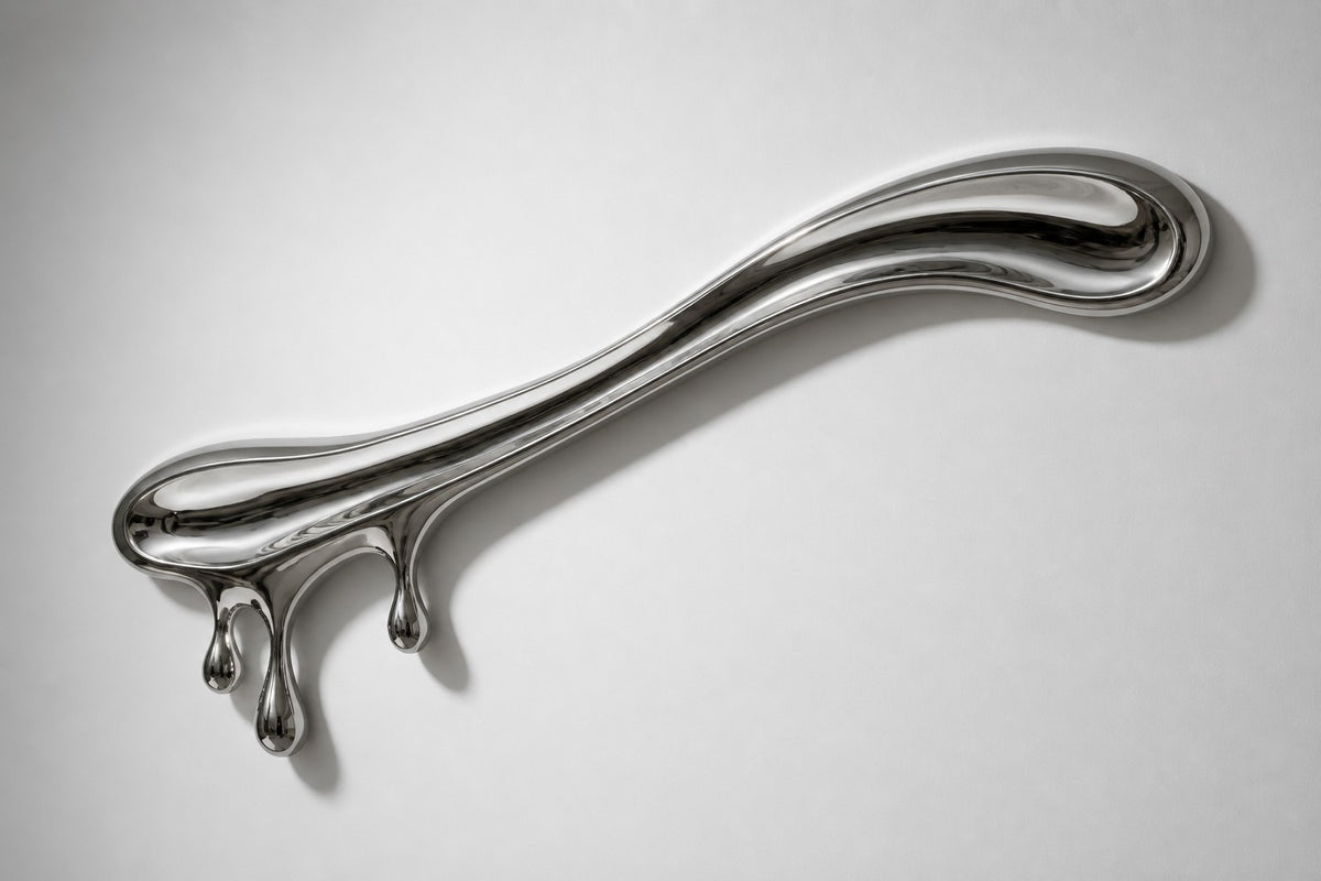 Azogue — mirror-polished stainless steel liquid drip wall sculpture, studio side angle showing its depth