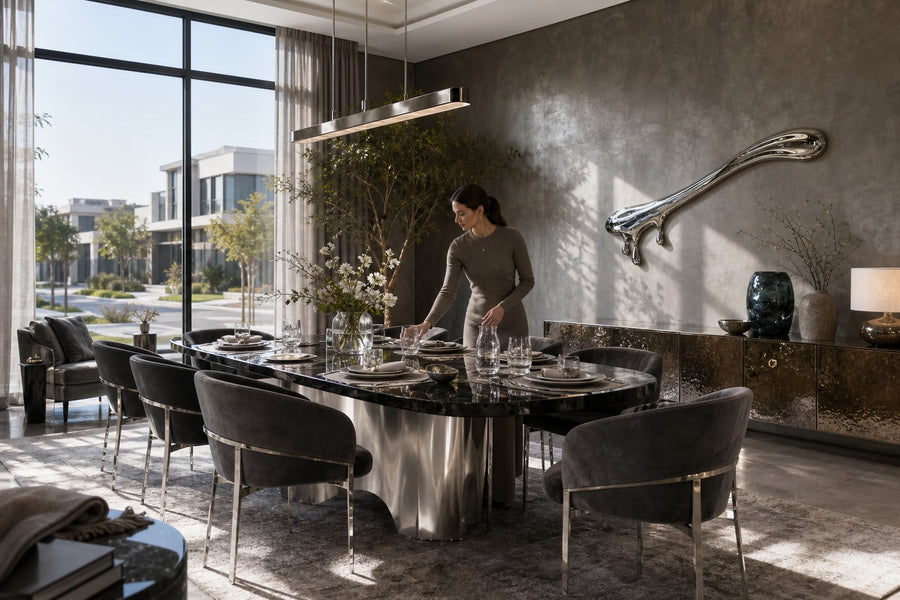 Azogue — mirror-polished stainless steel liquid drip wall sculpture, installed on the wall of a furnished room