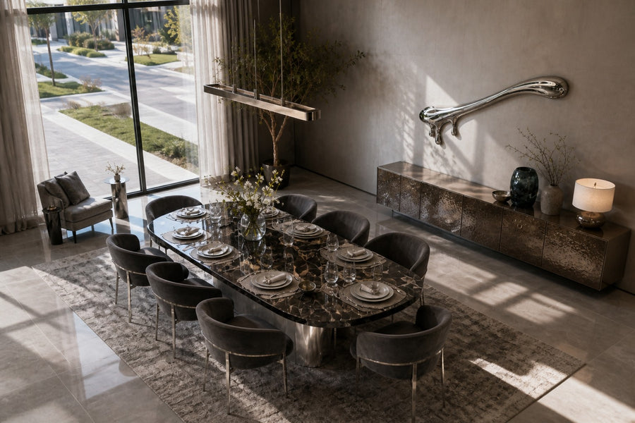 Azogue — mirror-polished stainless steel liquid drip wall sculpture, seen from above in the room