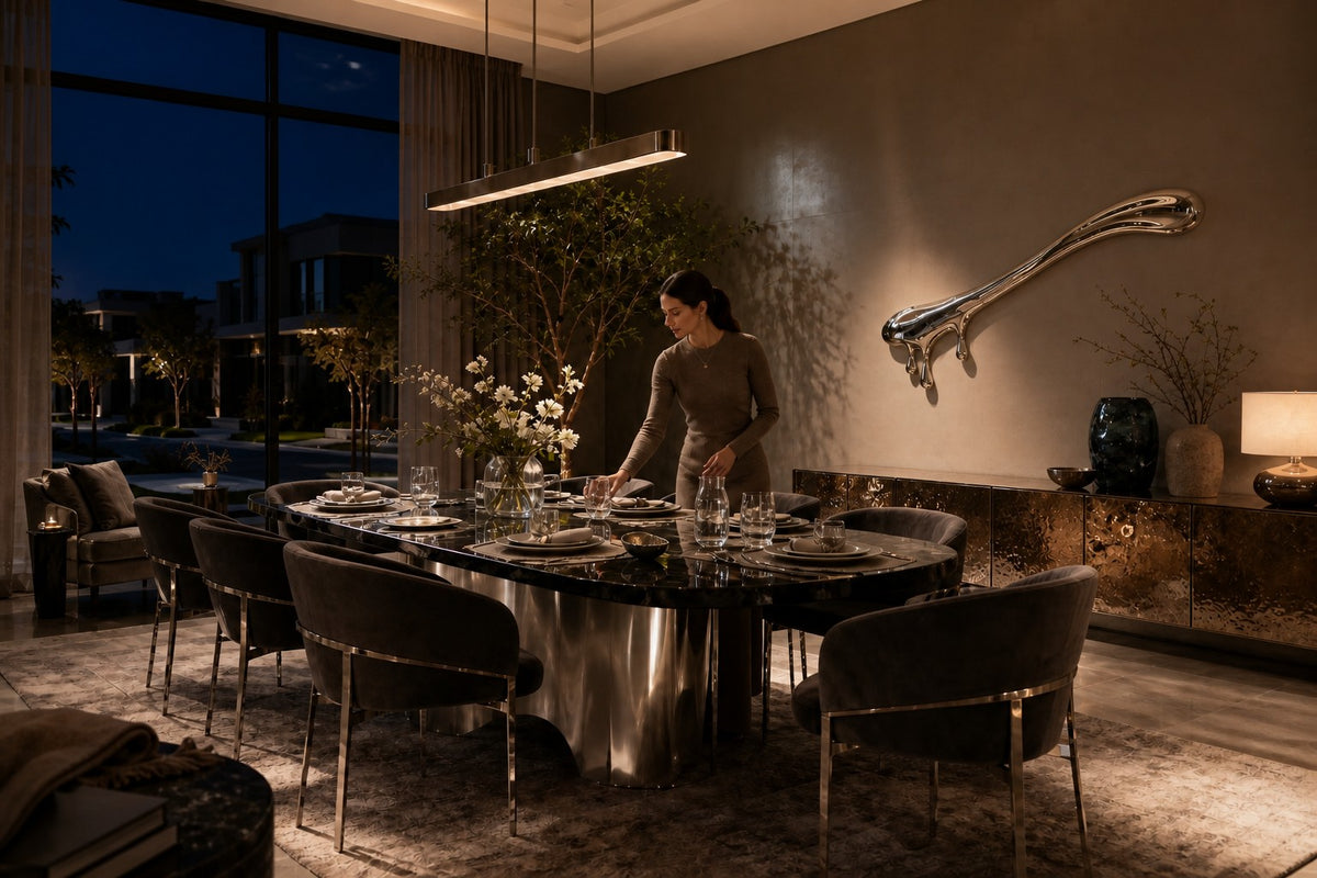Azogue — mirror-polished stainless steel liquid drip wall sculpture, the same room at night, lamps on