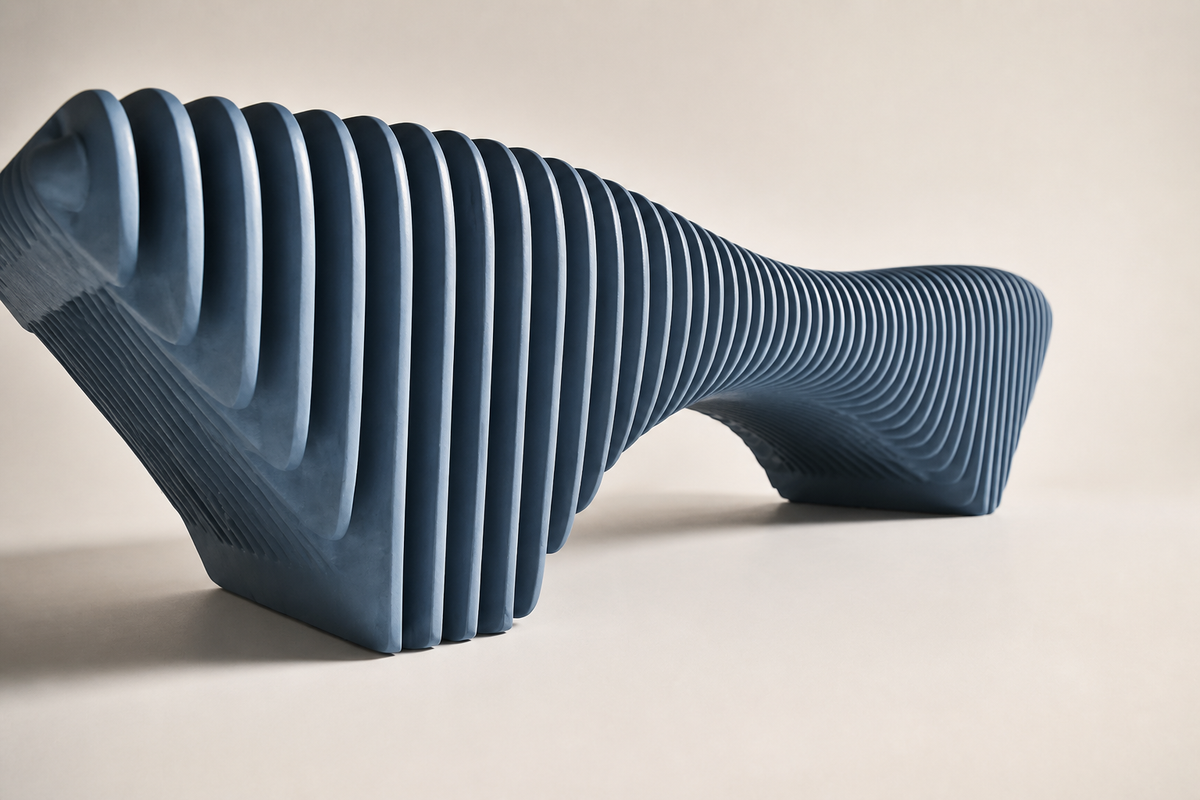 AZURE STRATA BENCH XXI, three-quarter studio view showing its profile