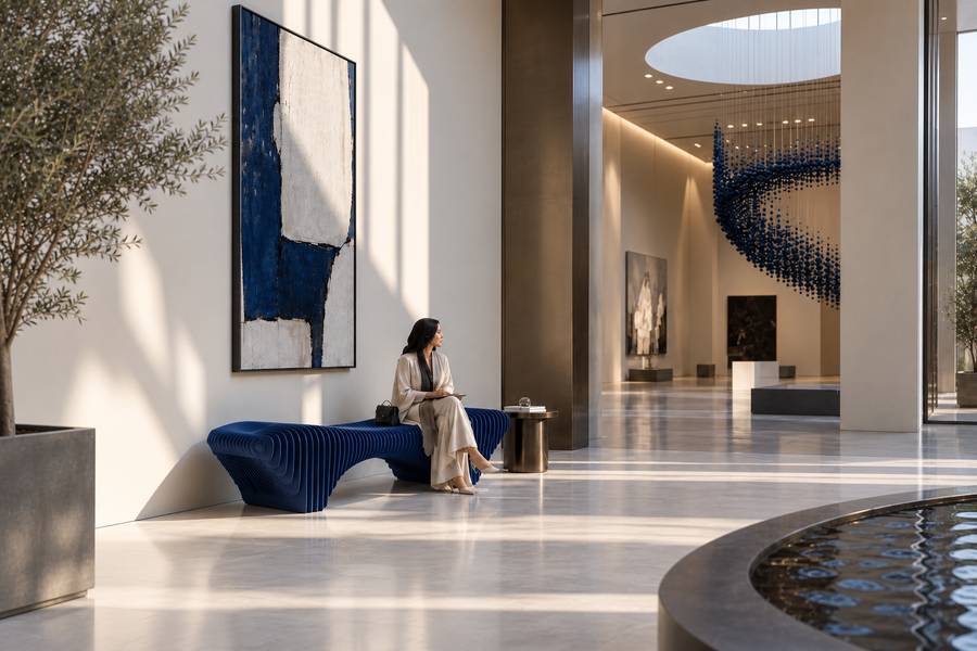 AZURE STRATA BENCH XXI, shown in a room setting, at full scale