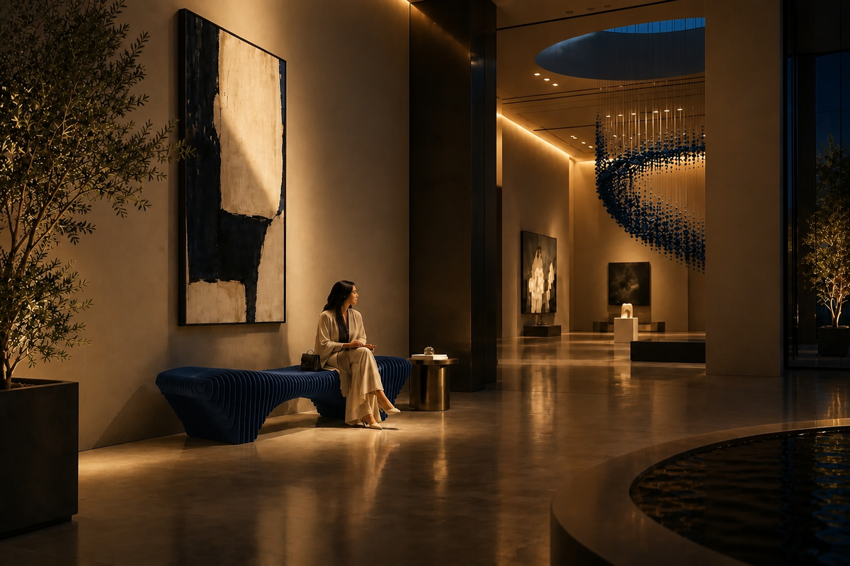 AZURE STRATA BENCH XXI, in a room setting under evening light