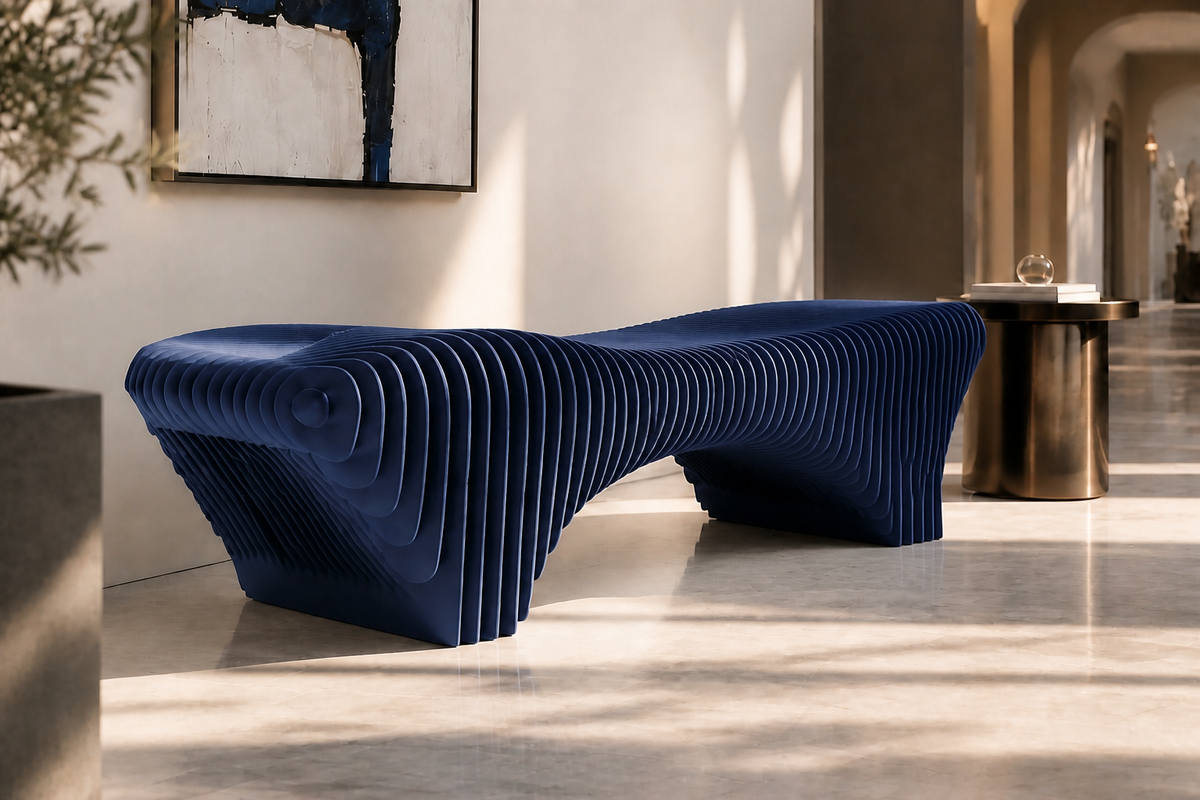 AZURE STRATA BENCH XXI, close view of the form in its setting